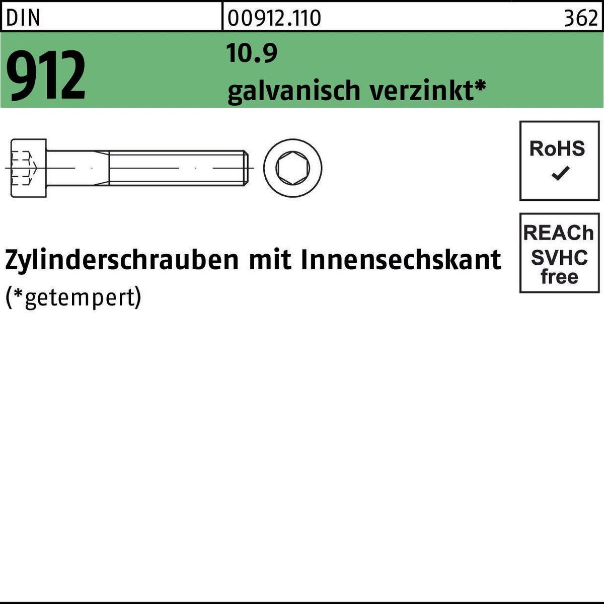 F. REYHER Zylinderschraube DIN 912 Innensechskant M20x240 mm 10.9 galvanisch verzinkt