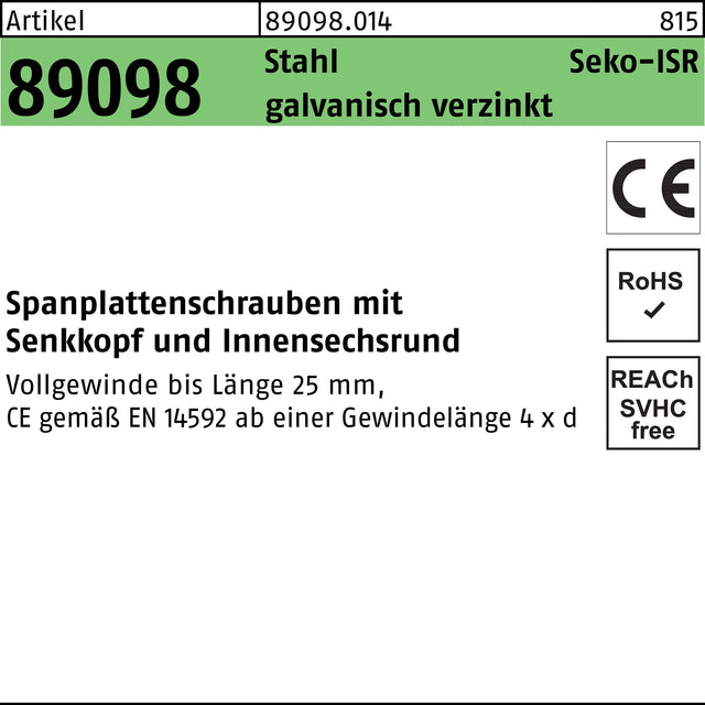 Spanplattenschraube R 89098 SEKO VG ISR 3 x 12 -T10 Stahl galvanisch verzinkt 1000 Stück