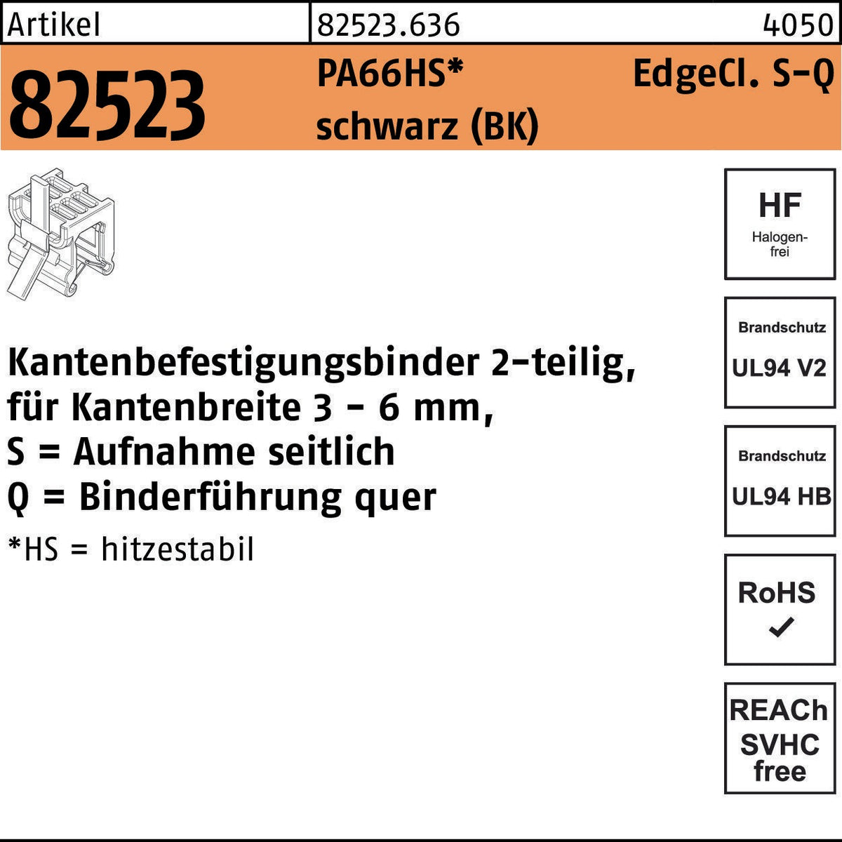 HELLERMANNTYTON Kantenbefestigungsbinder R 82523 EdgeClip 4,6x200/45 PA66HS schwarz