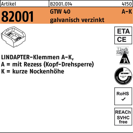 LINDAPTER Klemmen R 82001 GTW 40 KM 10/4,0 – Form A-K, galvanisch verzinkt