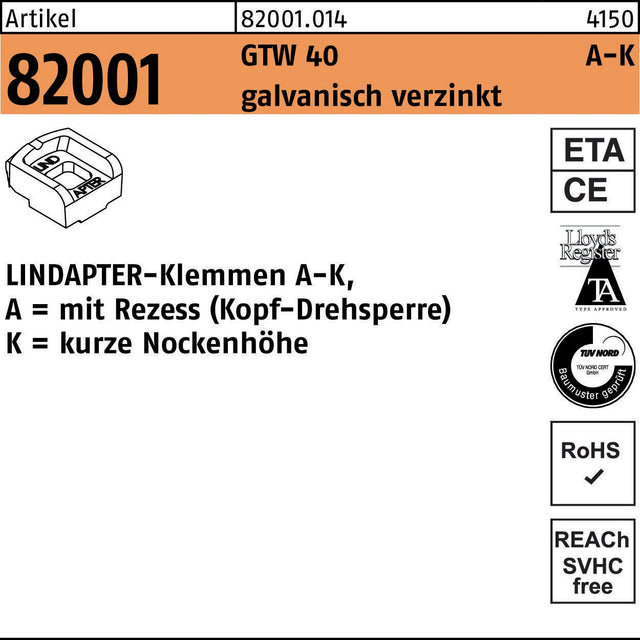 LINDAPTER Klemmen R 82001 GTW 40 KM 10/4,0 – Form A-K, galvanisch verzinkt