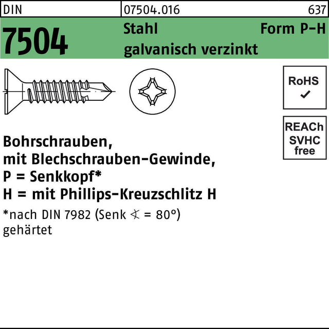 F. REYHER Bohrschraube DIN 7504 Form P-H 2,9x13 mm Stahl galvanisch verzinkt 1000 Stück