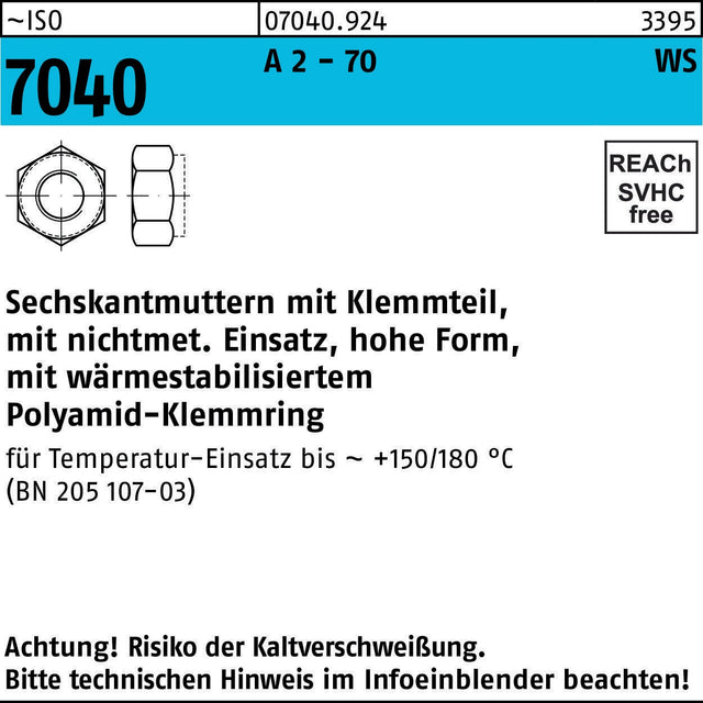 F. REYHER Sechskantmutter ISO 7040 Klemmteil M3 A2-70 mit braunem Ring