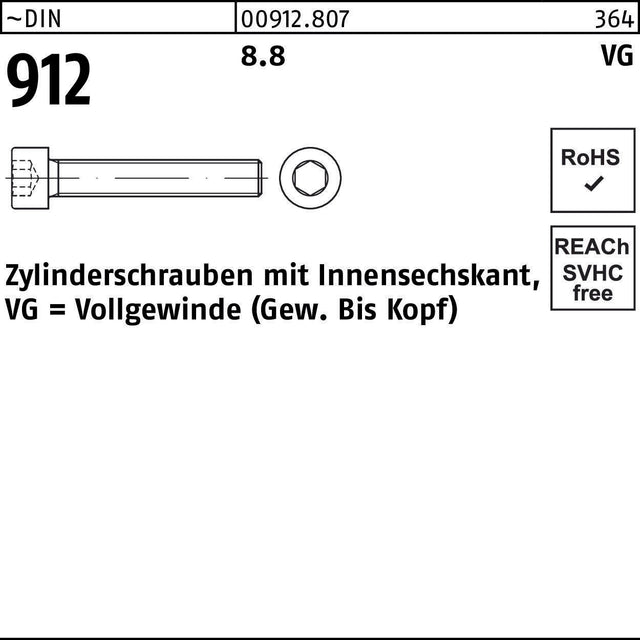 F. REYHER Zylinderschraube DIN 912 Innen-6kt VG M16x70 8.8