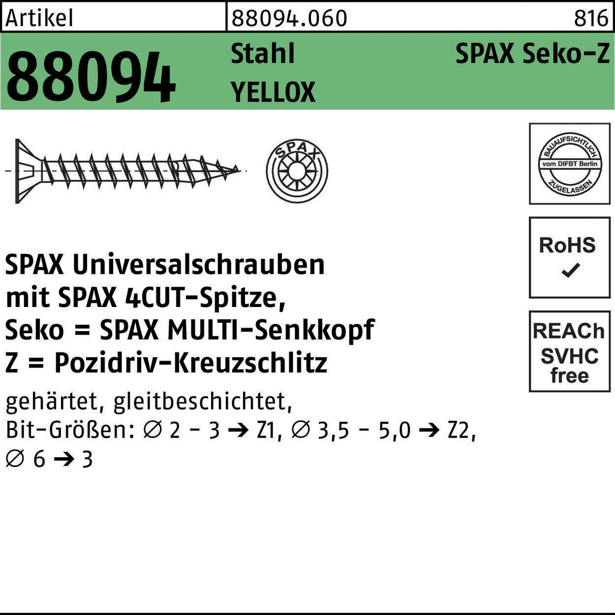 SPAX Seko-Z Universalschrauben 4 x 80/50 mm, YELLOX, Pozidriv
