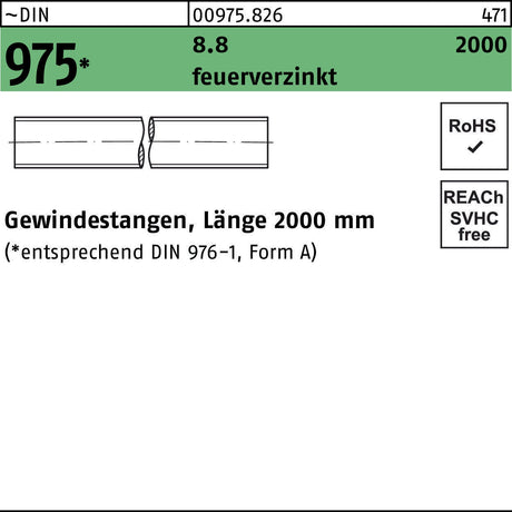 F. REYHER Gewindestange DIN 975 M12x2000 mm 8.8 feuerverzinkt – 1 Stück