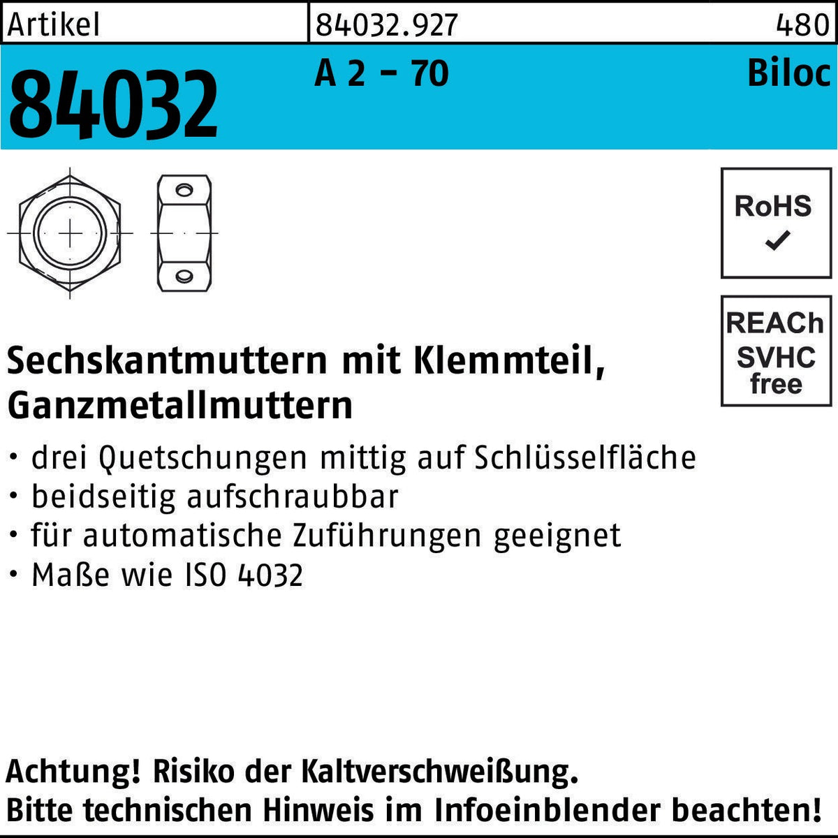F. REYHER Sechskantmutter R 84032 Biloc Klemmteil M6 A2-70