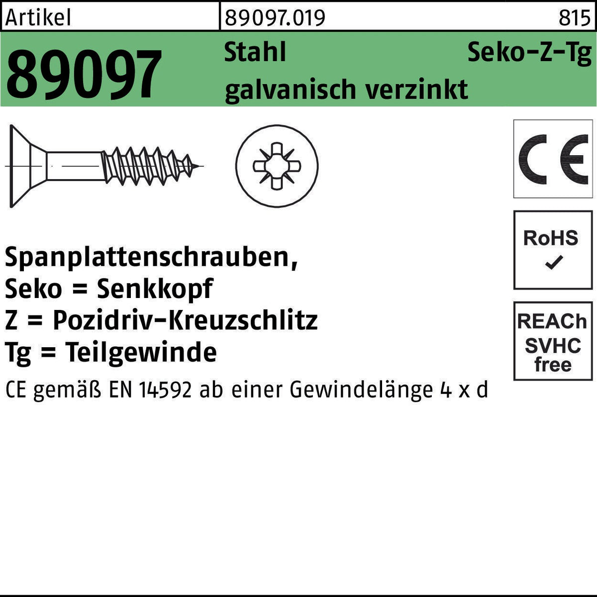 REYHER Spanplattenschraube Seko-Z-Tg 3,5x50/30-Z Stahl verzinkt 500 Stück