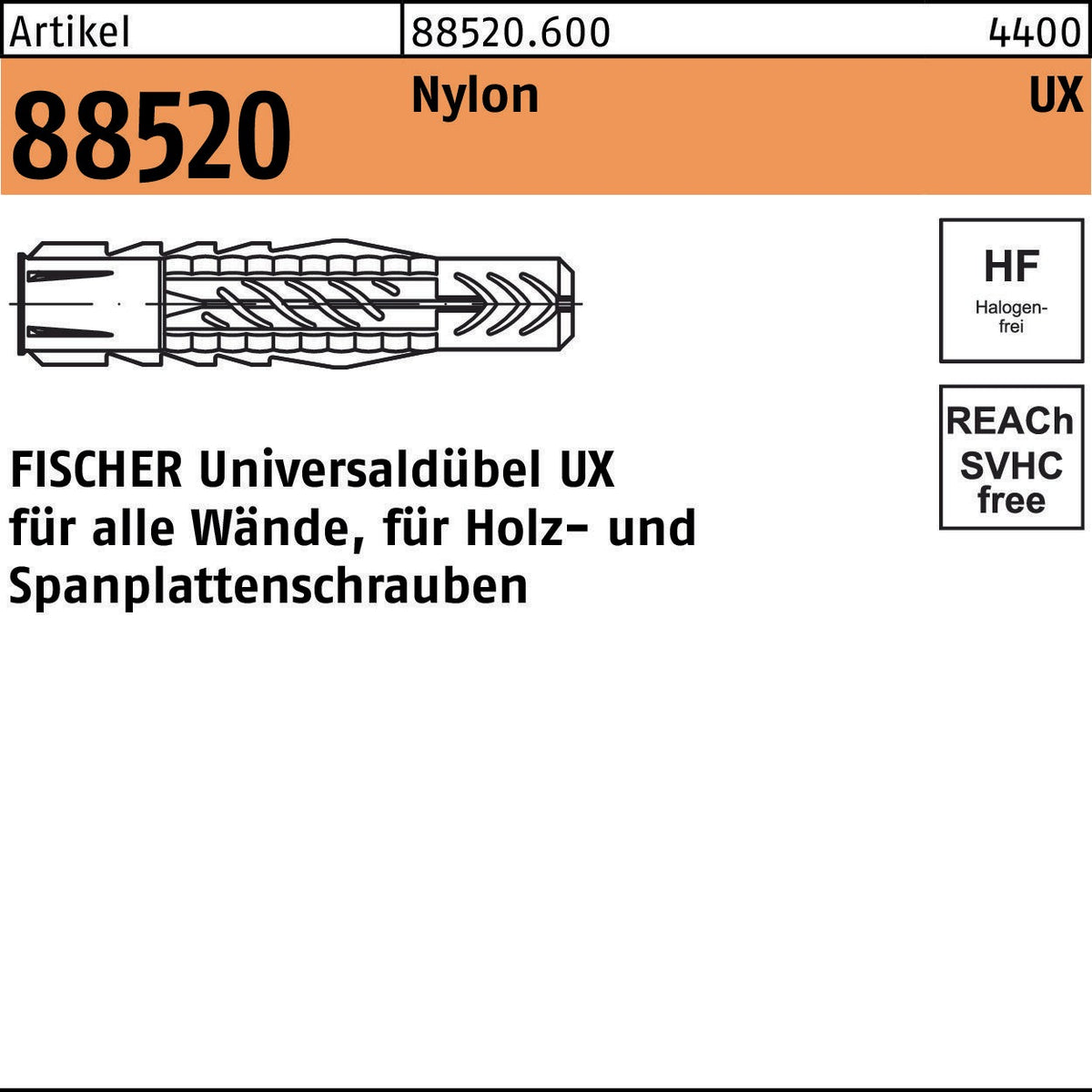 FISCHER Universaldübel UX 6x35 Nylon – 100 Stück für alle Wände