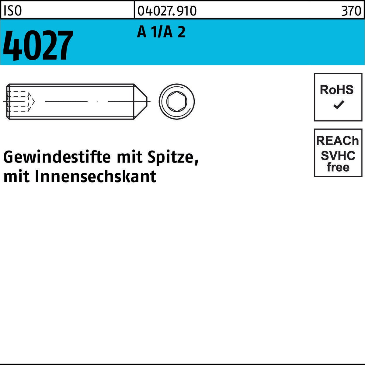 F. REYHER Gewindestift ISO 4027 Spitze/Innensechskant M4x30 A2