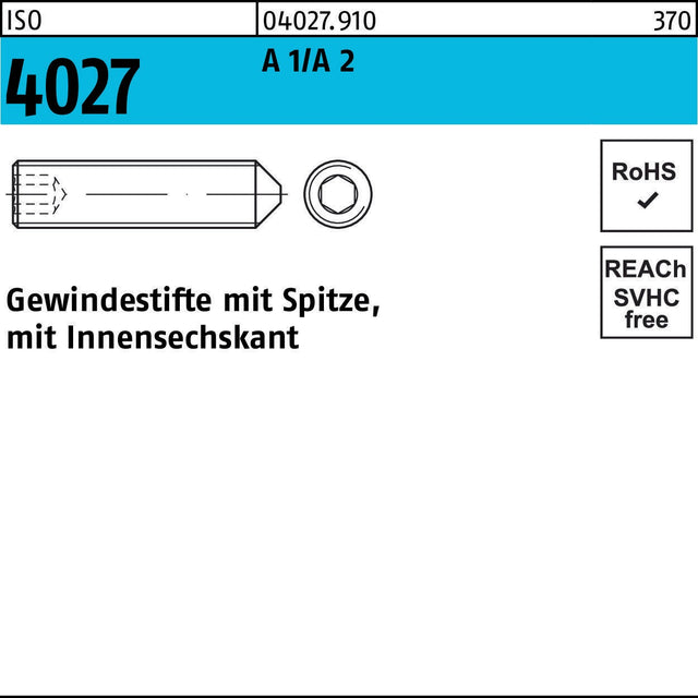 F. REYHER Gewindestift ISO 4027 Spitze/Innensechskant M4x30 A2