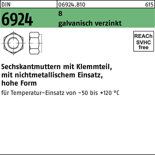 F. REYHER Sechskantmutter DIN 6924 mit Klemmteil M4, 8, galvanisch verzinkt
