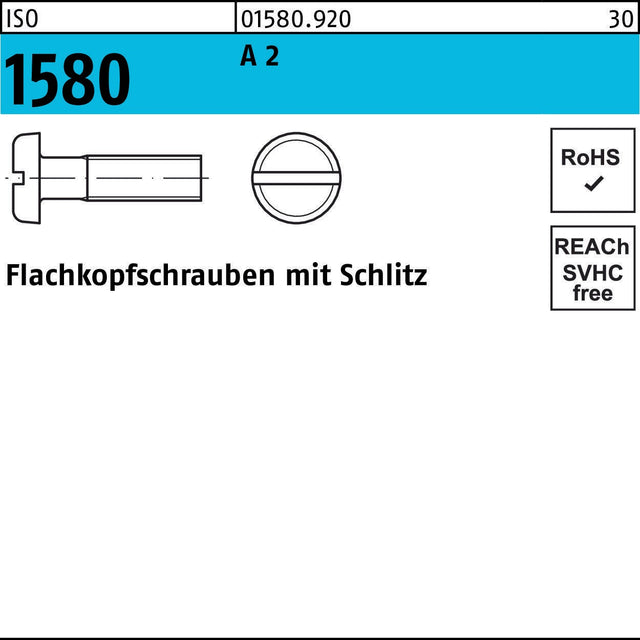 F. REYHER Flachkopfschraube ISO 1580 Schlitz M5x70 A2 – 200 Stück