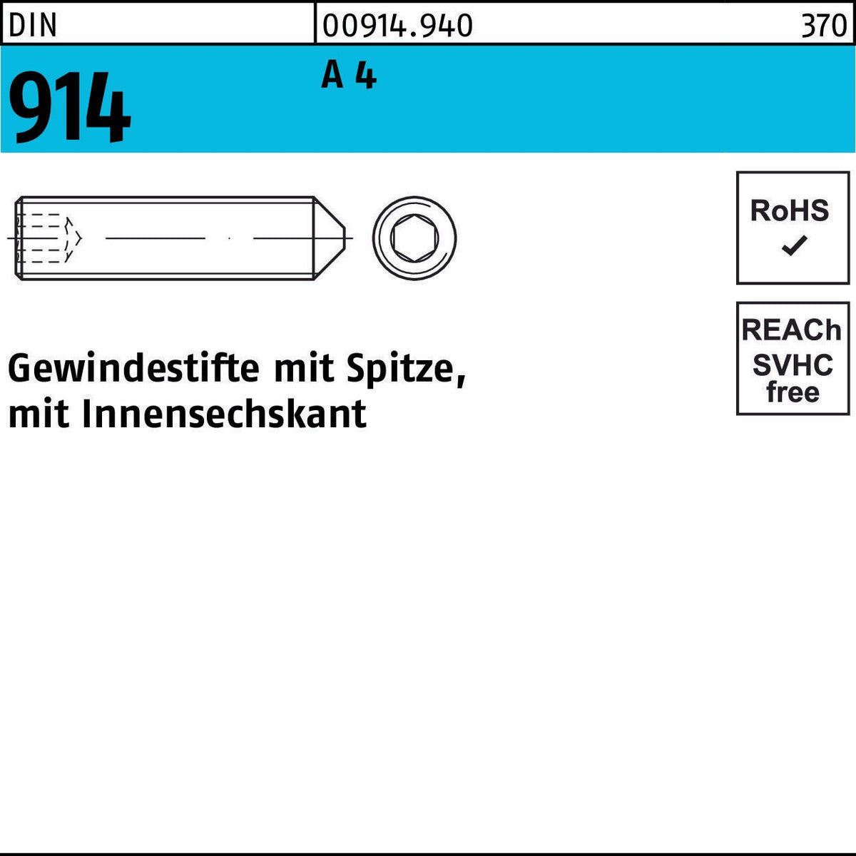 F. REYHER Gewindestift DIN 914 mit Spitze und Innensechskant M2,5 x 8 A4