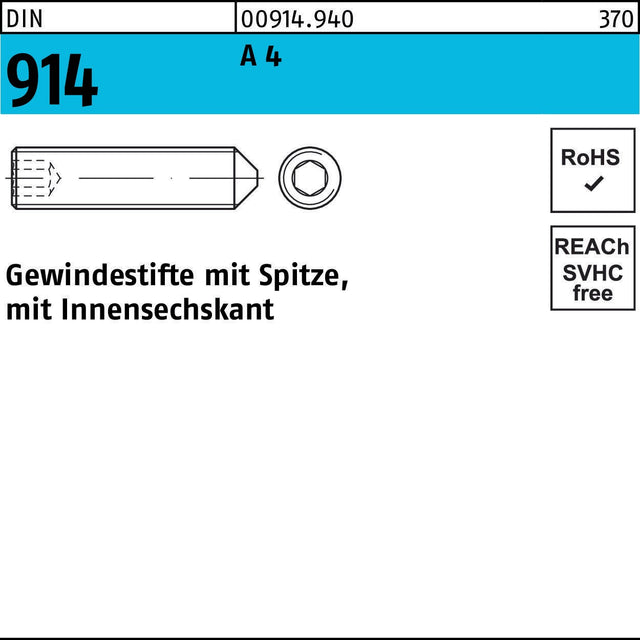 F. REYHER Gewindestift DIN 914 mit Spitze und Innensechskant M2,5 x 8 A4