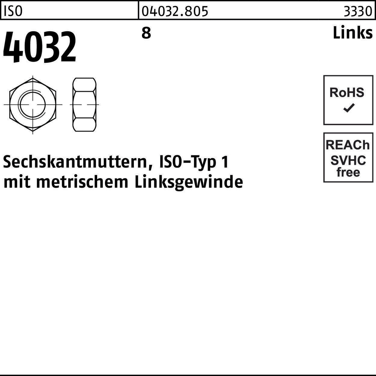 BUFAB Sechskantmutter ISO 4032 Linksgewinde M6 – 100 Stück