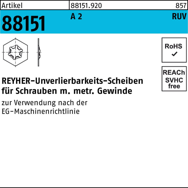 REYHER Unverlierbarkeitsscheibe R 88151 M6x12x0,5 mm A2 – 100 Stück