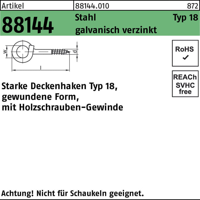 F. REYHER Deckenhaken R 88144 Typ 18, 100 mm, Stahl galvanisch verzinkt