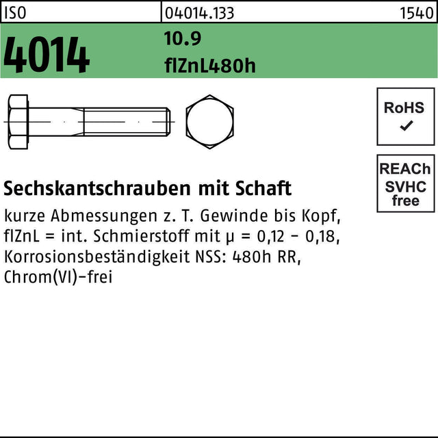 F. REYHER Sechskantschraube ISO 4014 M6x30 10.9 zinklamellenbeschichtet 500 Stück