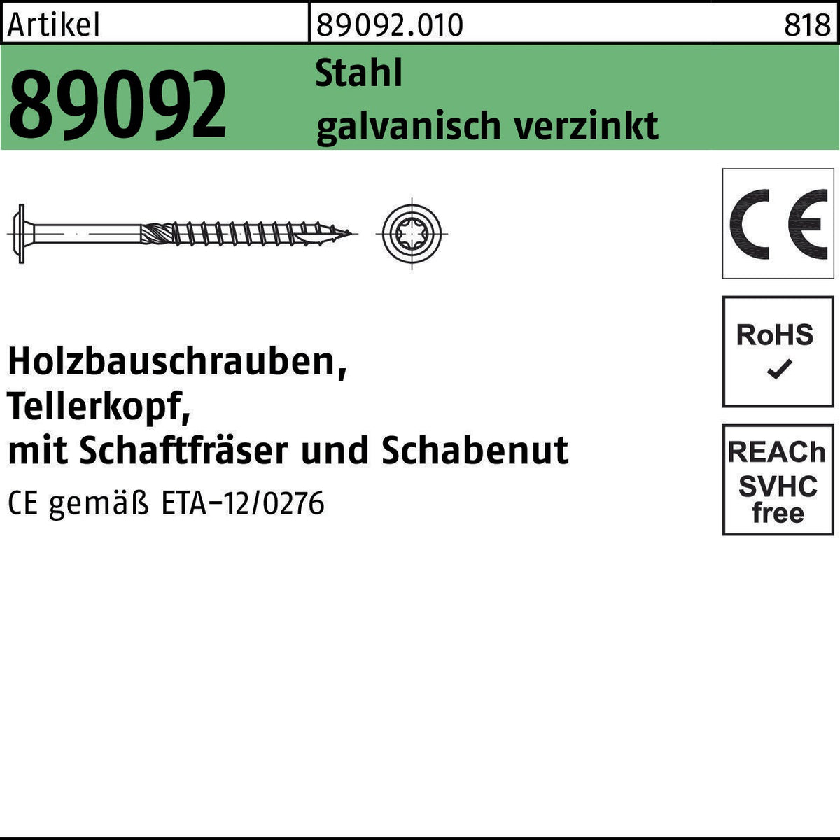 F. REYHER Holzbauschraube R 89092 Tellerkopf ISR 10x140-T40 Stahl verzinkt 50 Stk.