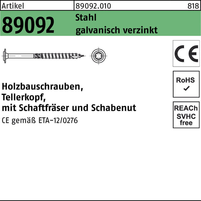 F. REYHER Holzbauschraube R 89092 Tellerkopf ISR 10x140-T40 Stahl verzinkt 50 Stk.