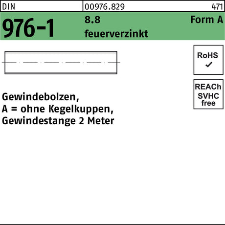 F. REYHER Gewindebolzen DIN 976 Form A AM 12x2000 mm 8.8 feuerverzinkt – 1 Stück