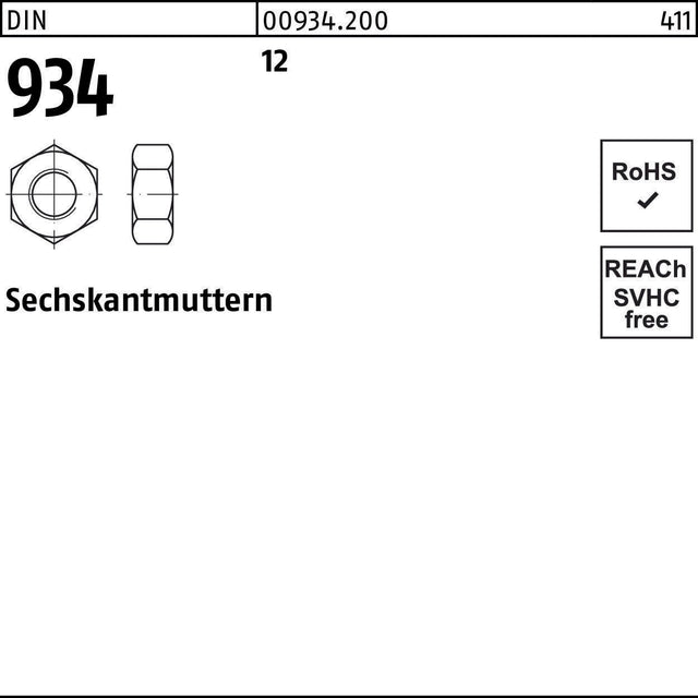 F. REYHER Sechskantmutter DIN 934 M6 12 – 100 Stück Verbindungstechnik