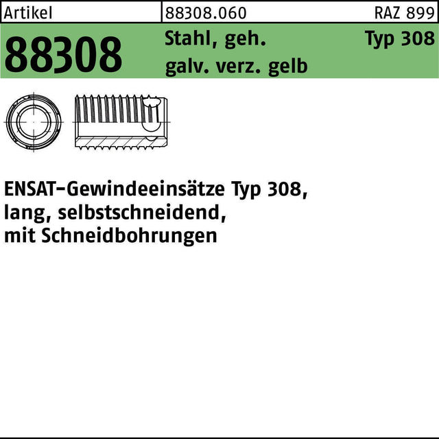 ENSAT Gewindeeinsatz Typ 308 M4x8 Stahl gehärtet gelb verzinkt 100 Stück