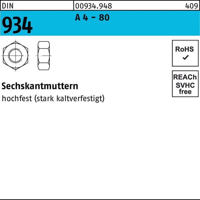 F. REYHER Sechskantmutter DIN 934 M6 A4-80 Edelstahl 200 Stück