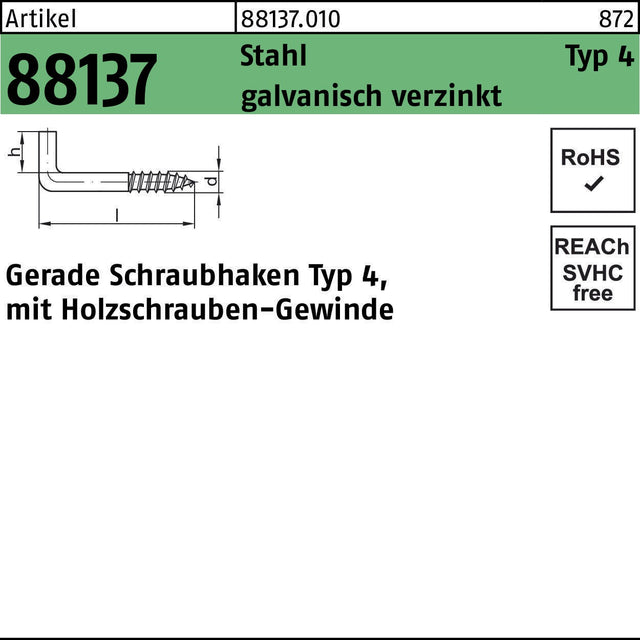 F. REYHER Schraubhaken R 88137 Typ 4 gerade 20 x 2,8 x 8 mm Stahl galvanisch verzinkt