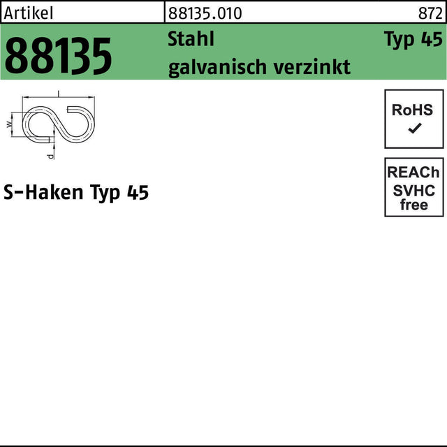 F. REYHER S-Haken R 88135 Typ 45 Stahl galvanisch verzinkt 100 Stück