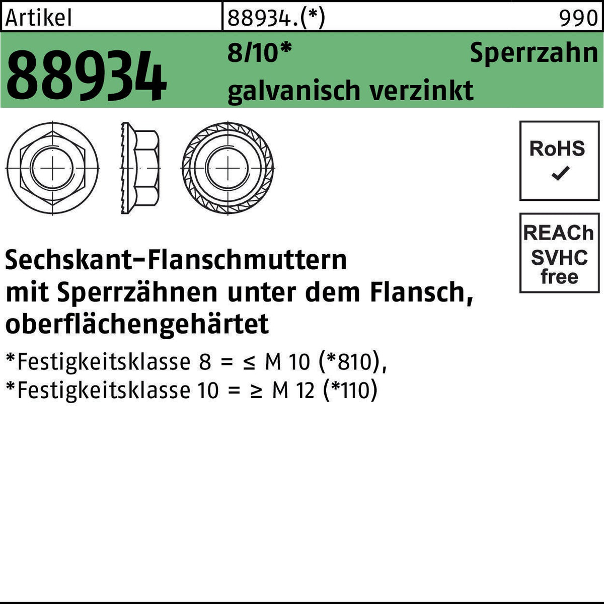 REYHER Sechskantflanschmutter R 88934 Sperrzahn M12, 100 Stück, oberflächengehärtet