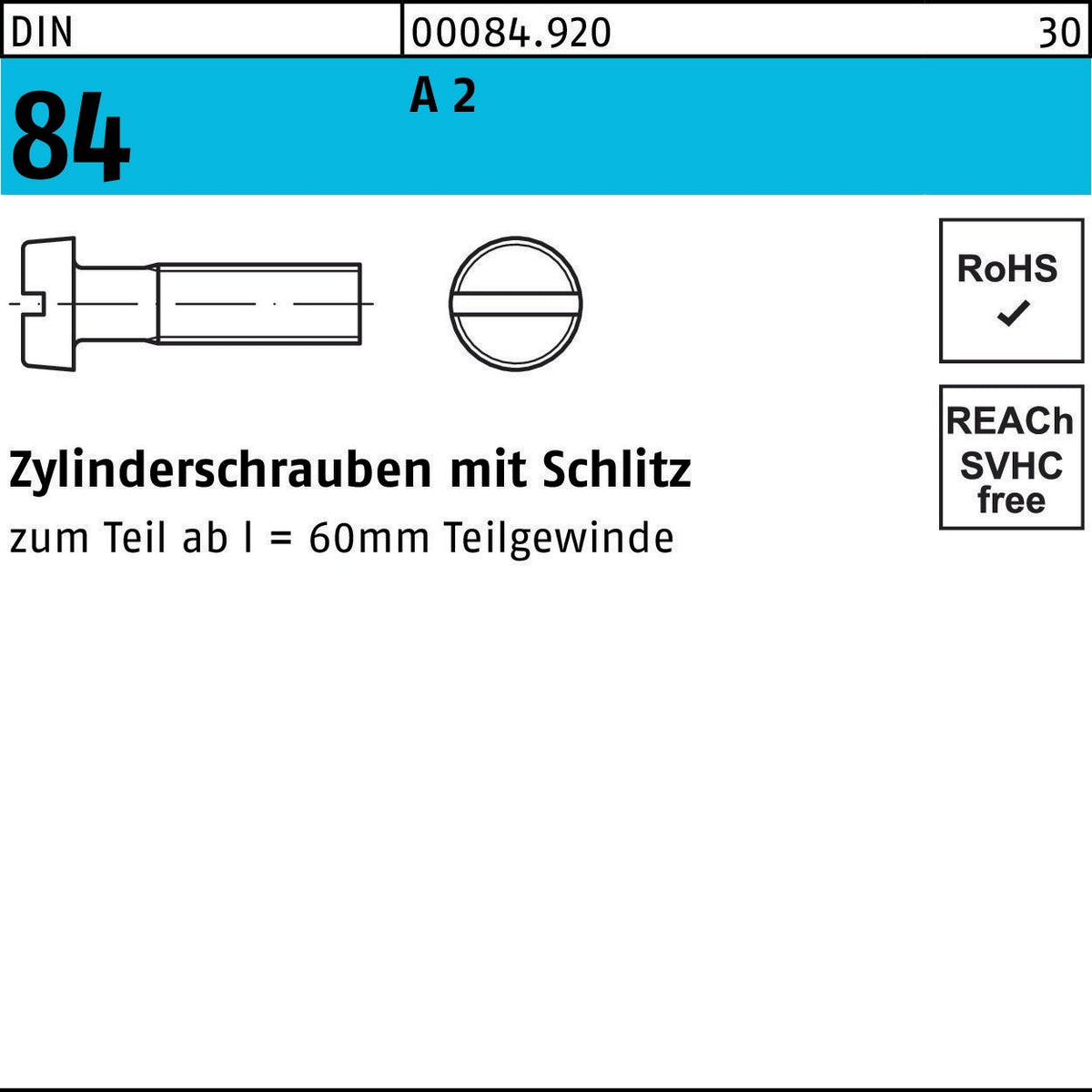 F. REYHER Zylinderschraube DIN 84 M6x35 A2 mit Schlitz
