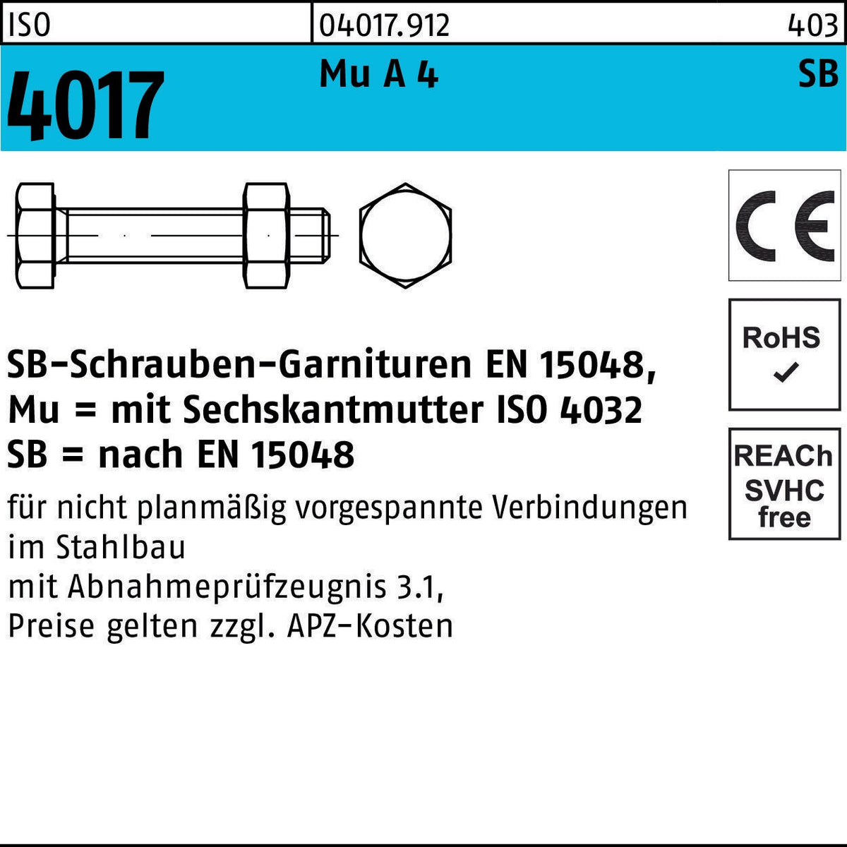 BUFAB Sechskantschraube ISO 4017 M12x30 mit Mutter A4-70