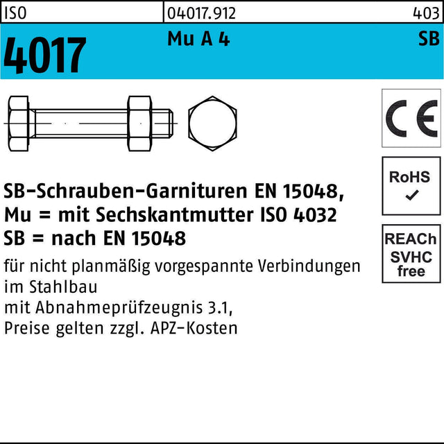 BUFAB Sechskantschraube ISO 4017 M12x30 mit Mutter A4-70