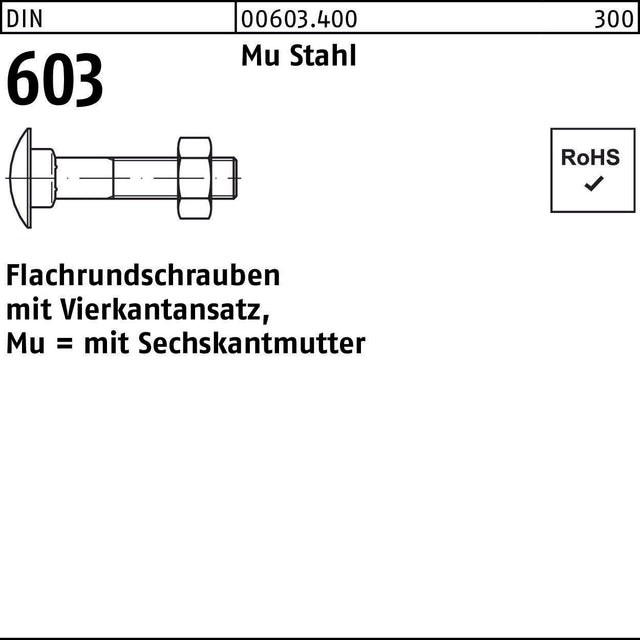 Flachrundschraube DIN 603 M10x220 mit Vierkantansatz und Sechskantmutter, Mu Stahl 4.6, 25 Stück von F. REYHER