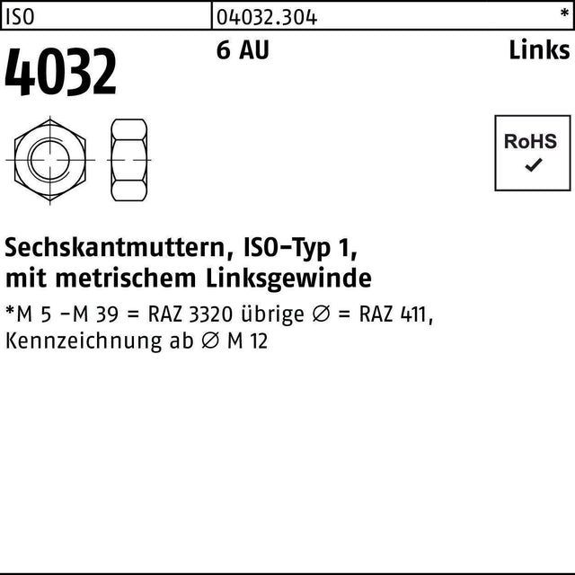 BUFAB Sechskantmutter ISO 4032 Linksgewinde M22 Automatenstahl 25 Stück