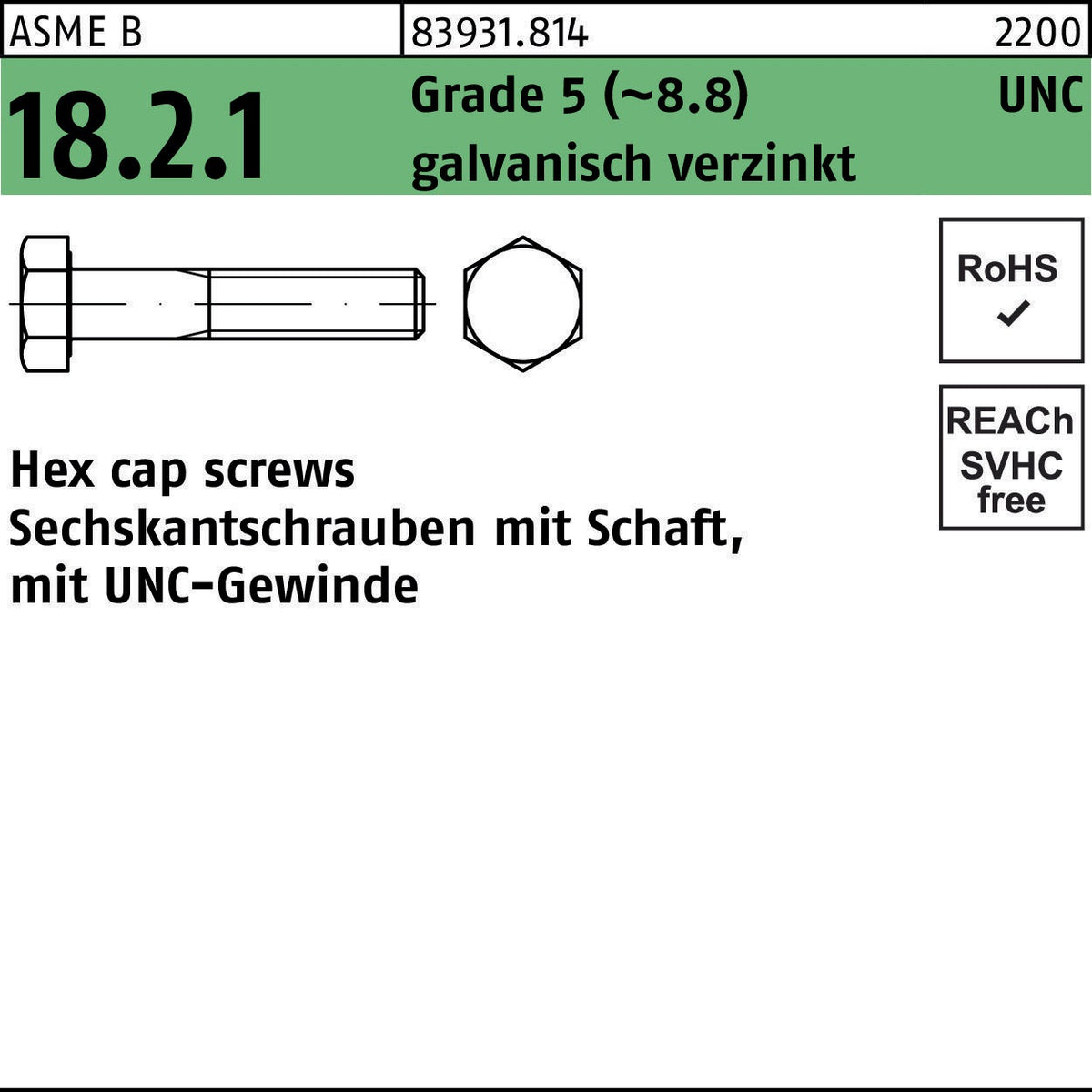 REYHER Sechskantschraube UNC 1/2x2 Grade 5 (~8.8) verzinkt 50 Stück