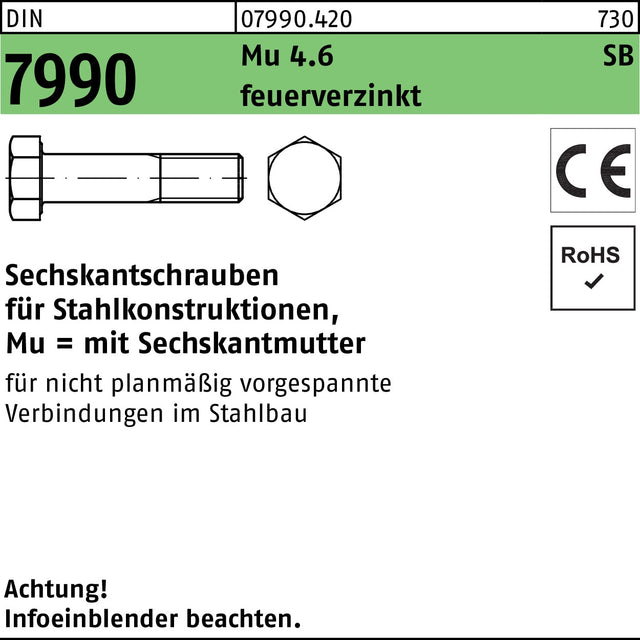 F. REYHER Sechskantschraube DIN 7990 M12x30 4.6 feuerverzinkt mit Sechskantmutter