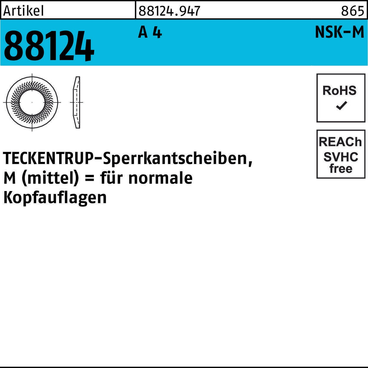 TECKENTRUP Sperrkantscheibe NSK-M 4 mm Federstahl zinklamellenbeschichtet 1000 Stück