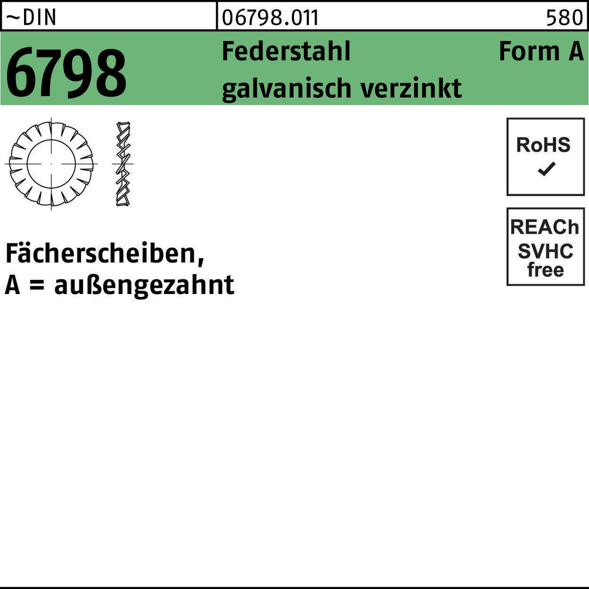 F. REYHER Fächerscheibe DIN 6798 Form A außengezahnt A 6,4 Federstahl galvanisch verzinkt 2000 Stück