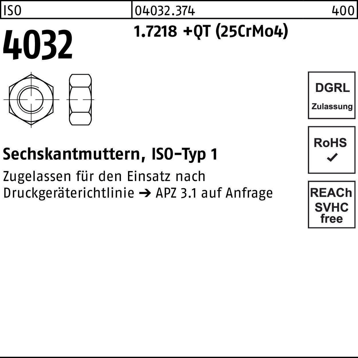 Sechskantmutter ISO 4032 M24 – 25 Stück von BUFAB, Festigkeitsklasse 12