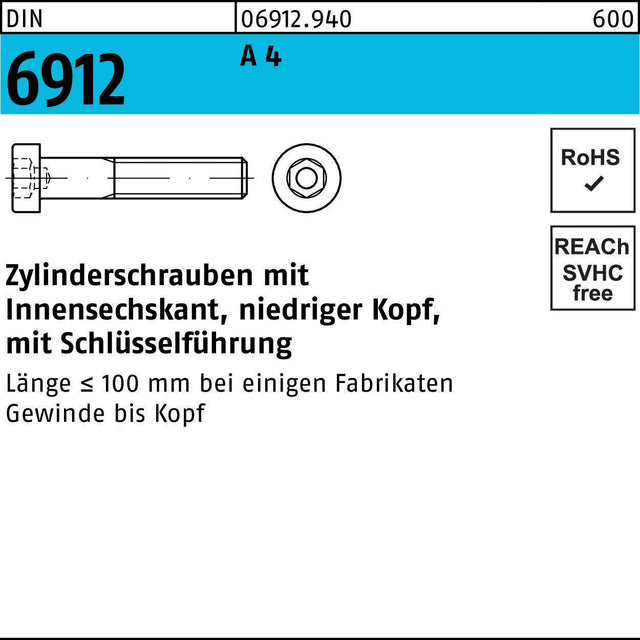 F. REYHER Zylinderschraube DIN 6912 Innensechskant M16x40 A4 Edelstahl