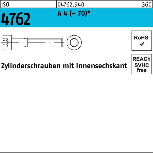 F. REYHER Zylinderschraube ISO 4762 Innensechskant M4x6 A4 Edelstahl 200 Stück