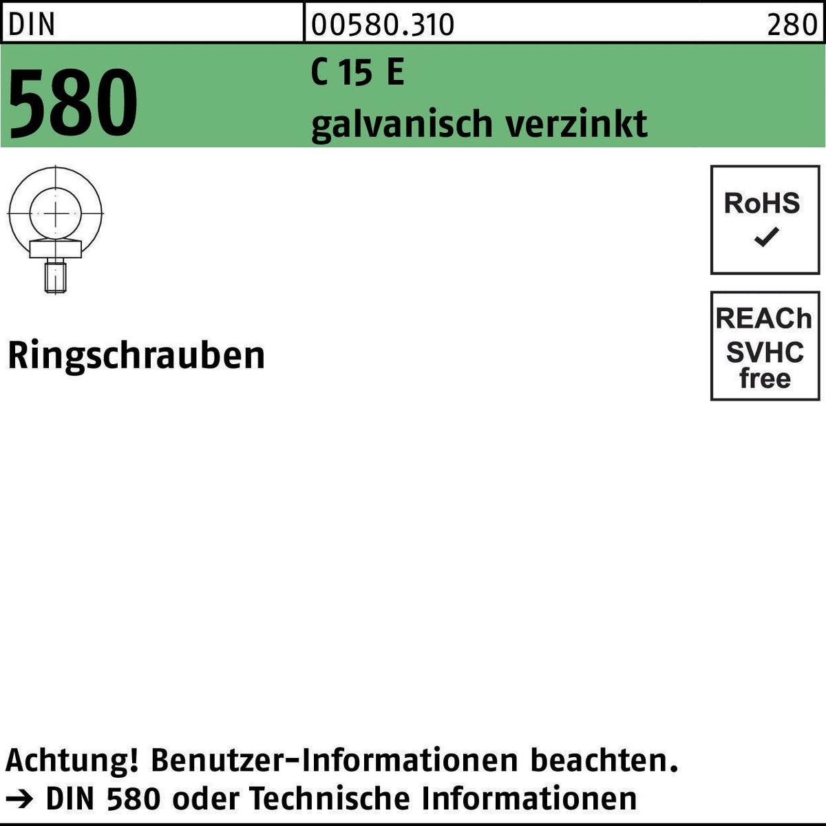 F. REYHER Ringschraube DIN 580 M6 C 15 E galvanisch verzinkt