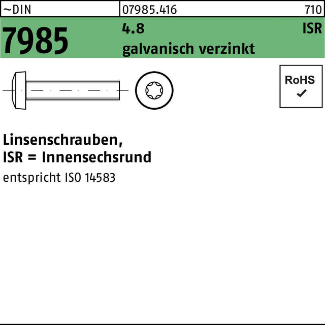 F. REYHER Linsenschraube DIN 7985 ISR M3x4-T10 4.8 galvanisch verzinkt