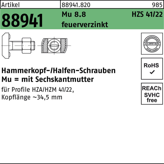 HALFEN Hammerkopfschraube HZS 41/22 M12x50 Mu 8.8 feuerverzinkt