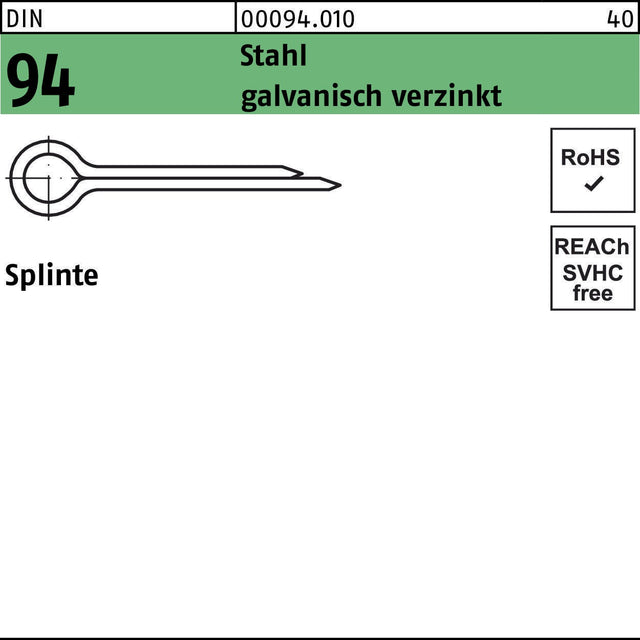 Splinte DIN 94/ISO 1234 1x6 mm Stahl galvanisch verzinkt, 1000 Stück von F. REYHER