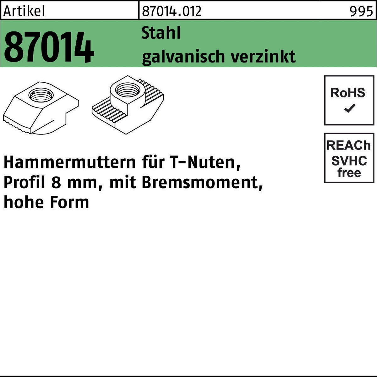 F. REYHER Hammerkopfmutter R 87014 mit Bremsmoment, M5, Stahl galvanisch verzinkt