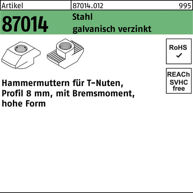 F. REYHER Hammerkopfmutter R 87014 mit Bremsmoment, M5, Stahl galvanisch verzinkt